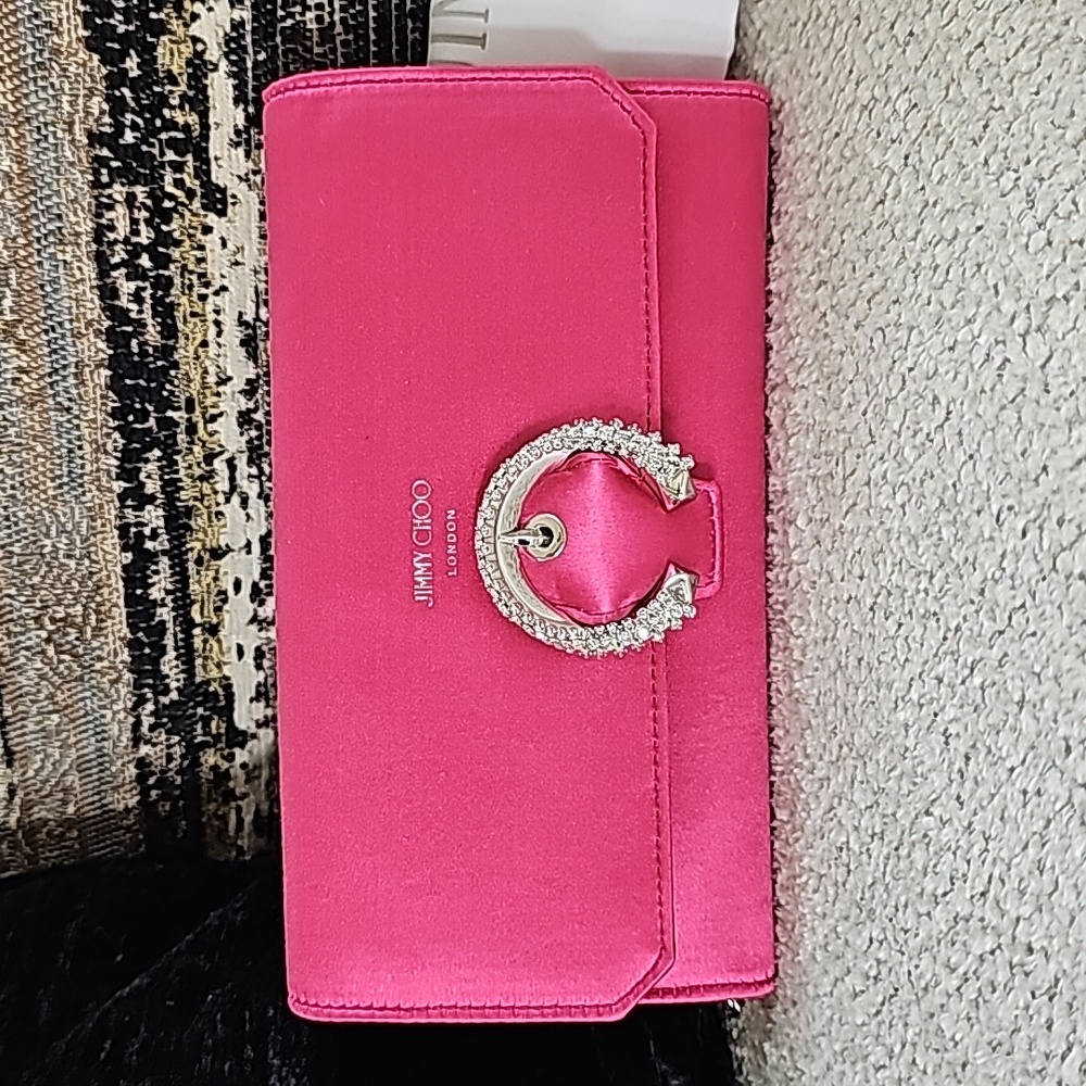 Jimmy Choo Madeline Mini Crystal Buckle Satin Wallet with Chain. Flawless